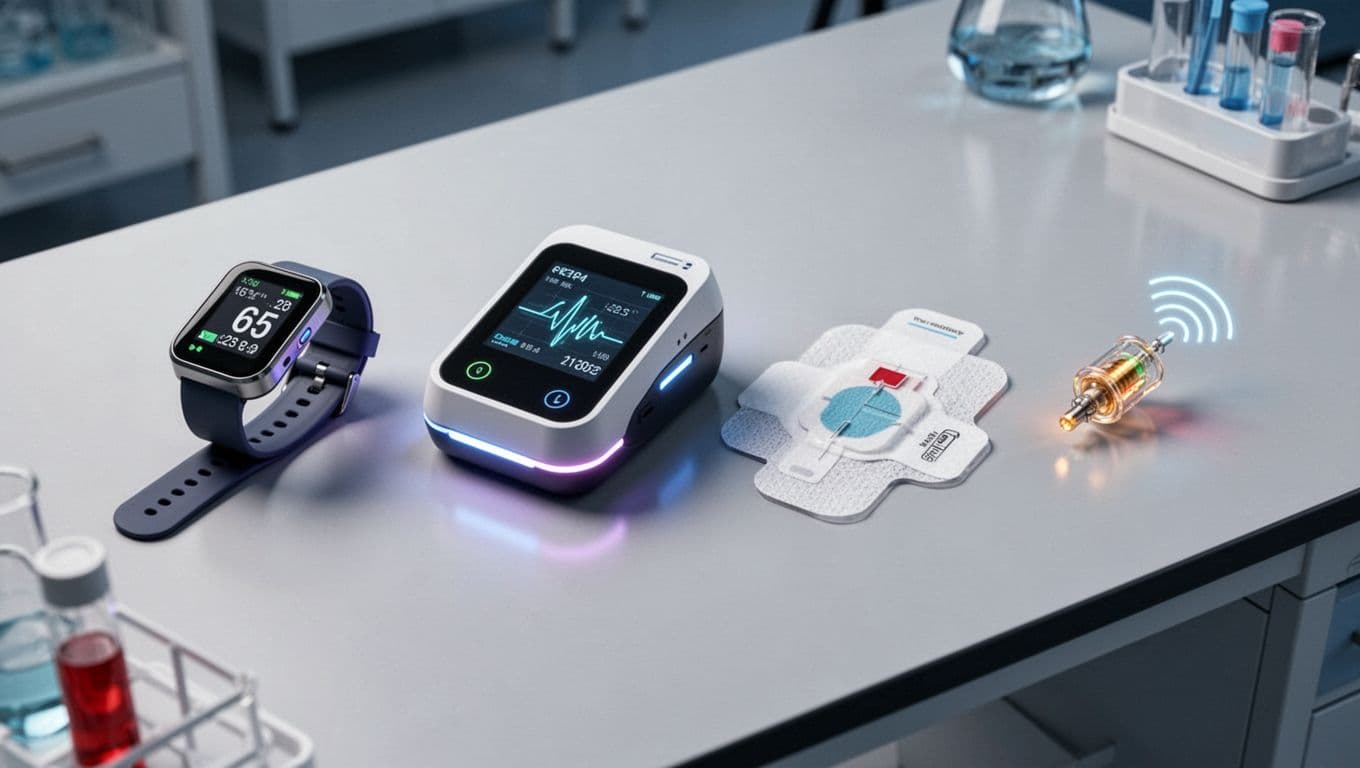 Modern illustration of four trending medical devices: wrist wearable glucose monitor, compact AI blood analyzer, adhesive vital signs patch, and wireless smart implant sensor, arranged on a clean lab table with subtle glows and even studio lighting.