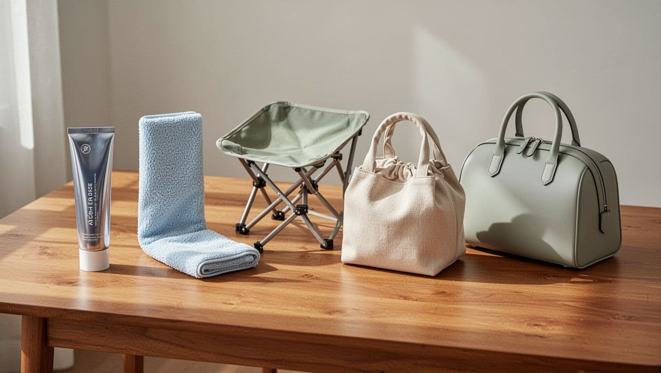 Modern illustration of five trending products—niacinamide toothpaste, exfoliating towel, outdoor folding chair, picnic bag, and bowler bag—neatly arranged on a wooden table with soft lighting, clean background, and strong composition.