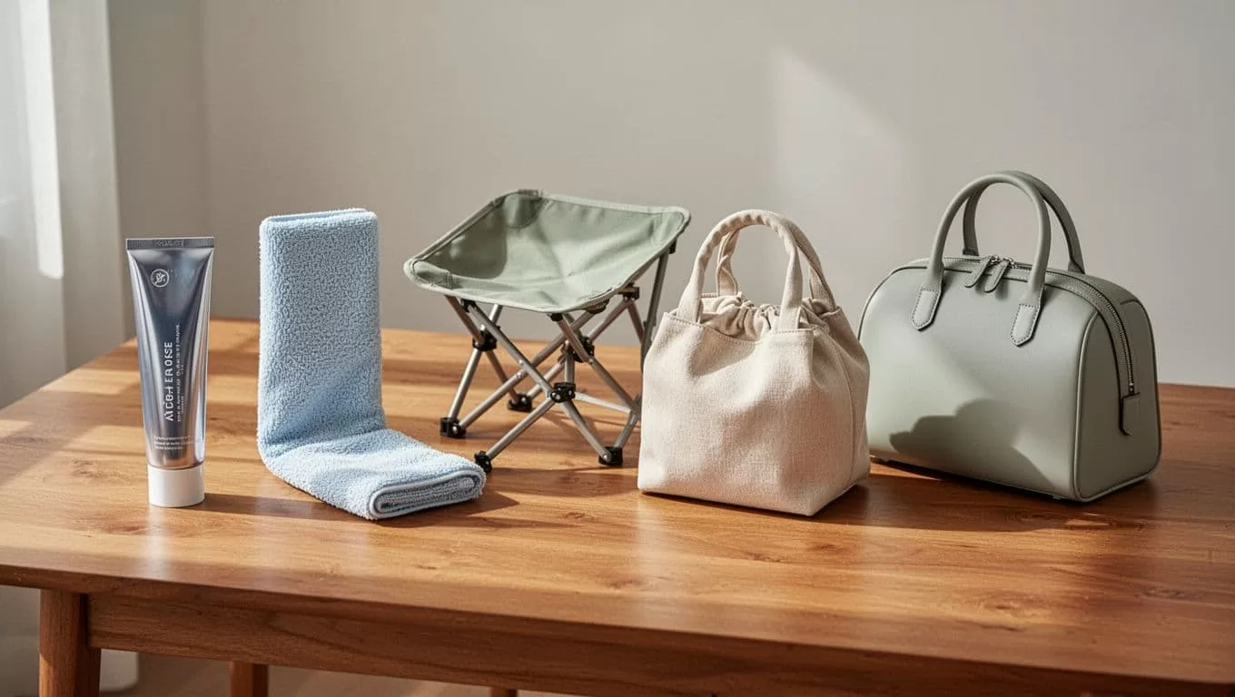 Modern illustration of five trending products—niacinamide toothpaste, exfoliating towel, outdoor folding chair, picnic bag, and bowler bag—neatly arranged on a wooden table with soft lighting, clean background, and strong composition.