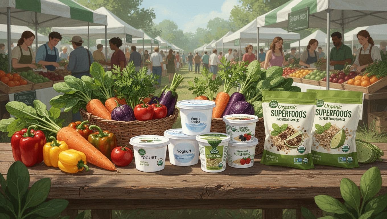 Modern illustration of organic food items like colorful vegetables, yogurt, and superfood snacks on a rustic wooden table in bright daylight.