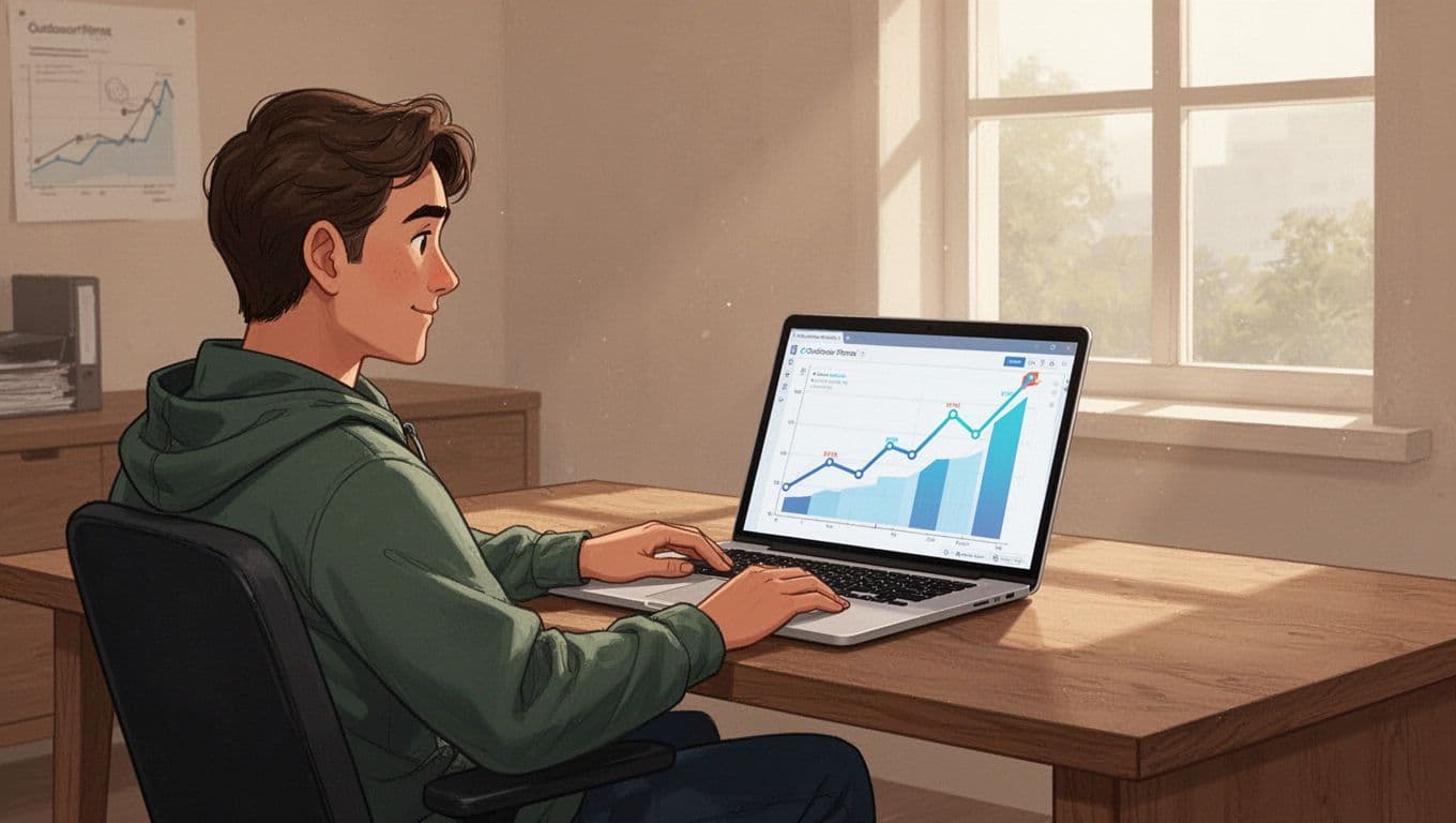 Modern illustration of a laptop on a wooden desk in a cozy office, screen showing Exploding Topics dashboard with rising trend graphs for outdoor gear like ultralight backpacks and portable stoves, one relaxed person seated with soft daylight from window.
