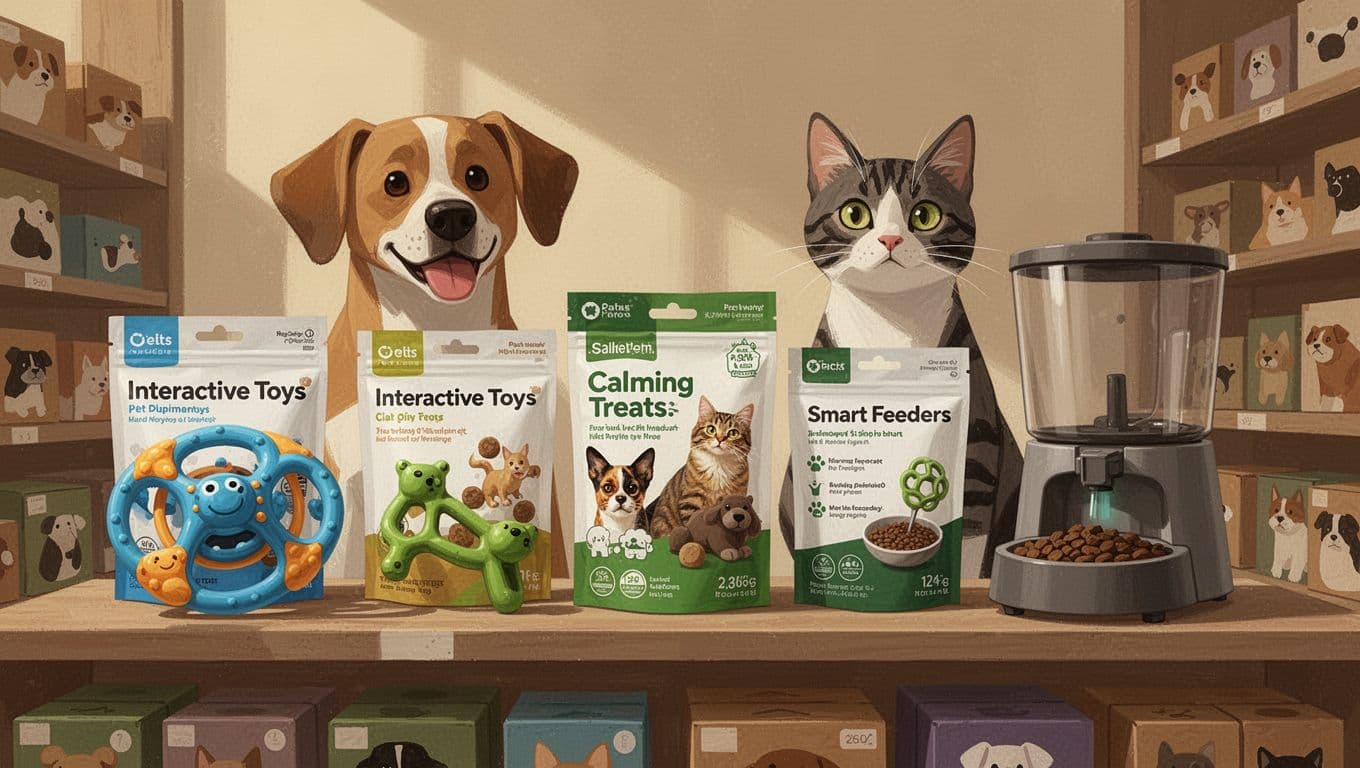Modern illustration of fast-growing pet products like interactive toys, CBD treats, and smart feeders on a pet store shelf with playful dog and cat in background.