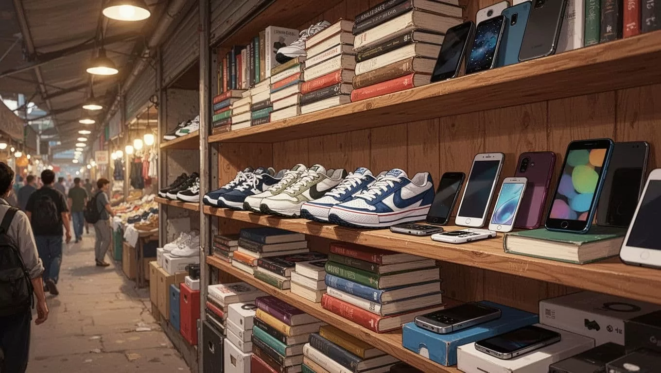 Modern illustration of stacked secondhand items like sneakers, books, and electronics on shelves in a marketplace with warm ambient light, clean lines, and vibrant colors.