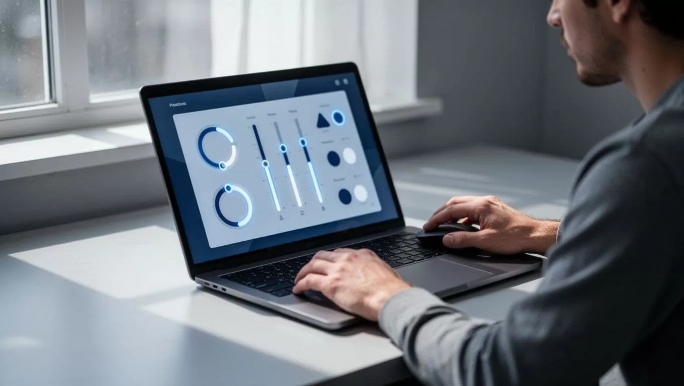 Modern illustration of a text-to-speech extension settings panel with voice selection sliders for speed on an angled laptop screen. A person adjusts settings using a mouse in a clean desk setup with blues and whites palette.