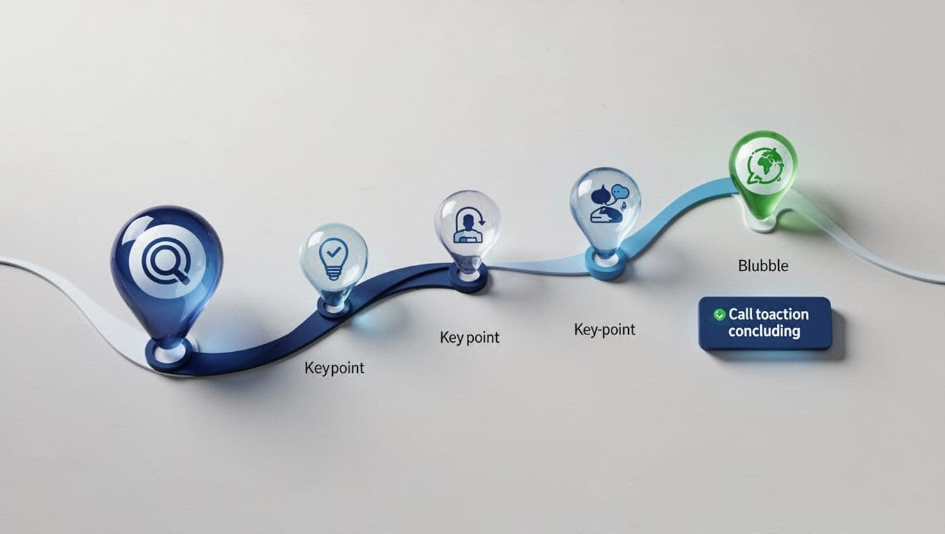 Clean modern illustration of a Twitter thread progression: bold hook tweet connected by lines to body tweets with key points, ending in CTA tweet, arranged in a smooth curving path using blues and greens.