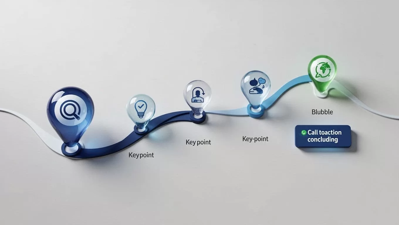 Clean modern illustration of a Twitter thread progression: bold hook tweet connected by lines to body tweets with key points, ending in CTA tweet, arranged in a smooth curving path using blues and greens.