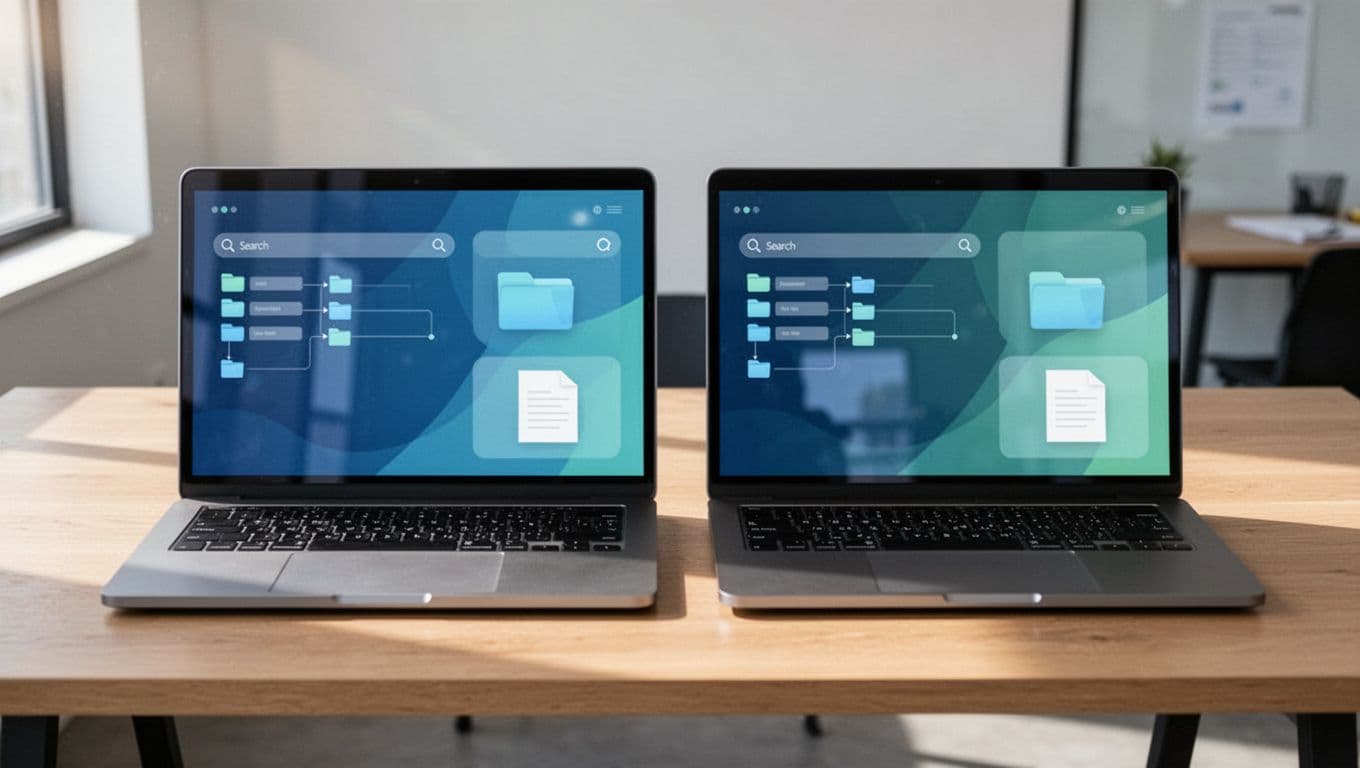 Clean wooden desk in contemporary workspace with two open laptops displaying abstract wiki dashboards featuring folder trees, search bars, and document icons under natural daylight.