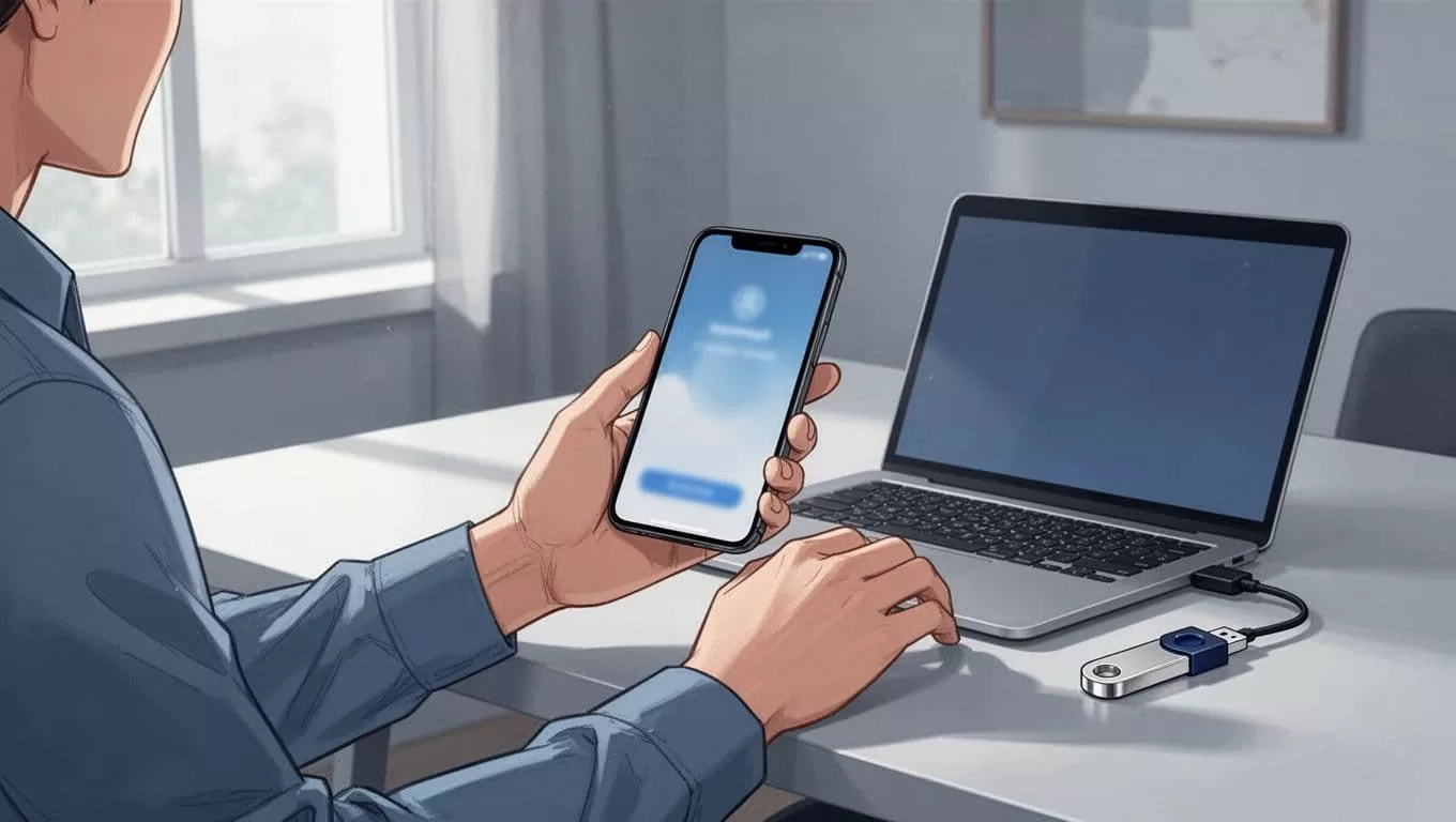 Minimalistic illustration of a person holding a smartphone showing a 6-digit authenticator code, with a security key plugged into a laptop in a calm home office.