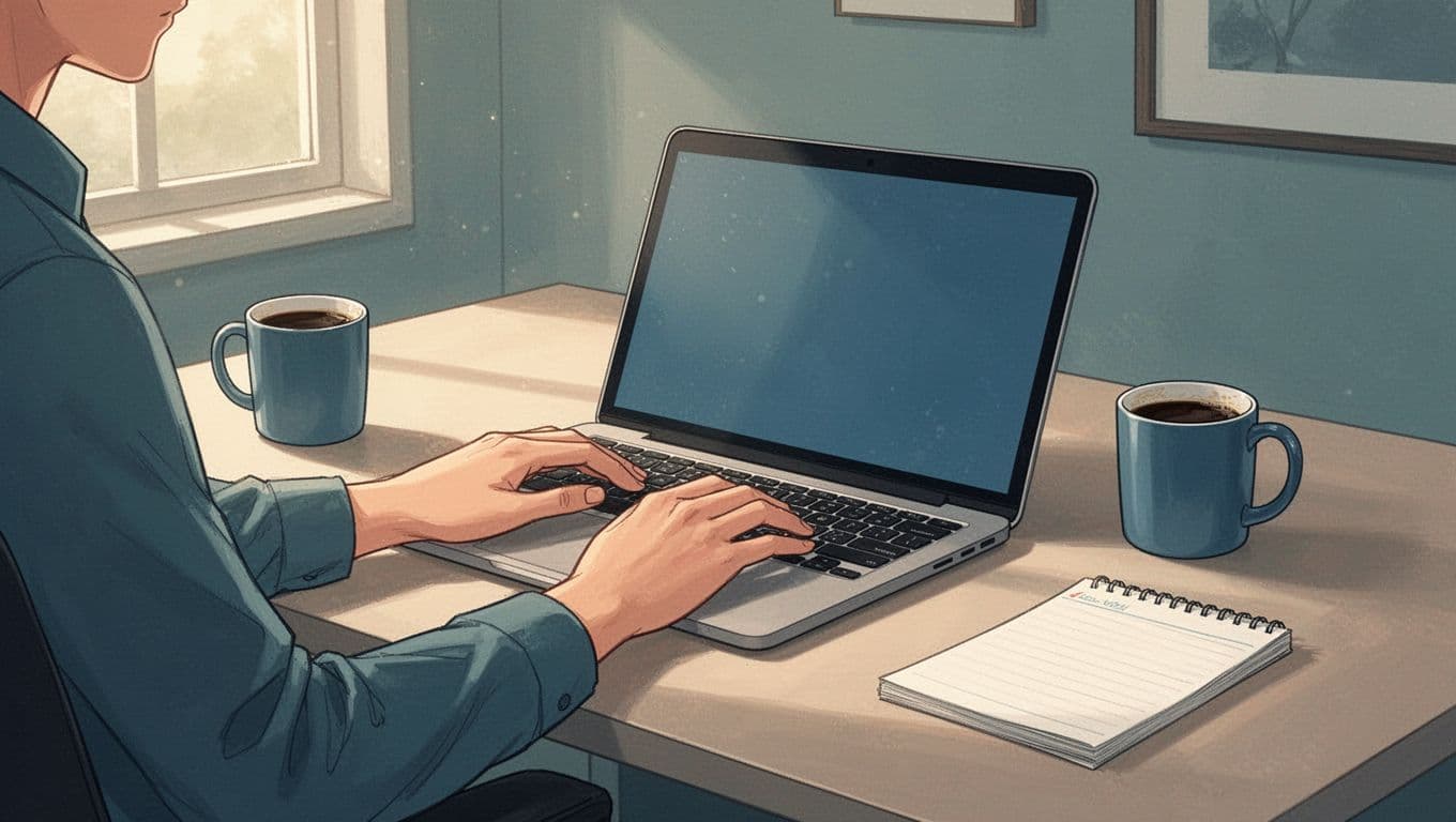 Modern illustration of a person typing on a laptop to compose a short personalized outreach email draft to an ecommerce store owner, in a focused home office workspace with coffee mug and notepad nearby.
