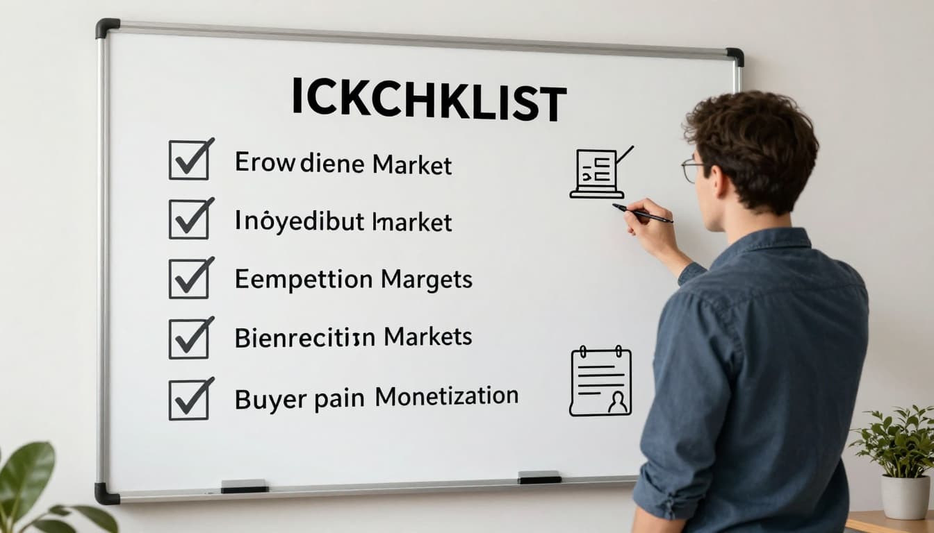 Modern illustration of a large checklist board with five checkmarks and icons for trend growth, search intent, competition gaps, buyer pain, and monetization, reviewed by one entrepreneur in a workshop setting with clean shapes and natural light.