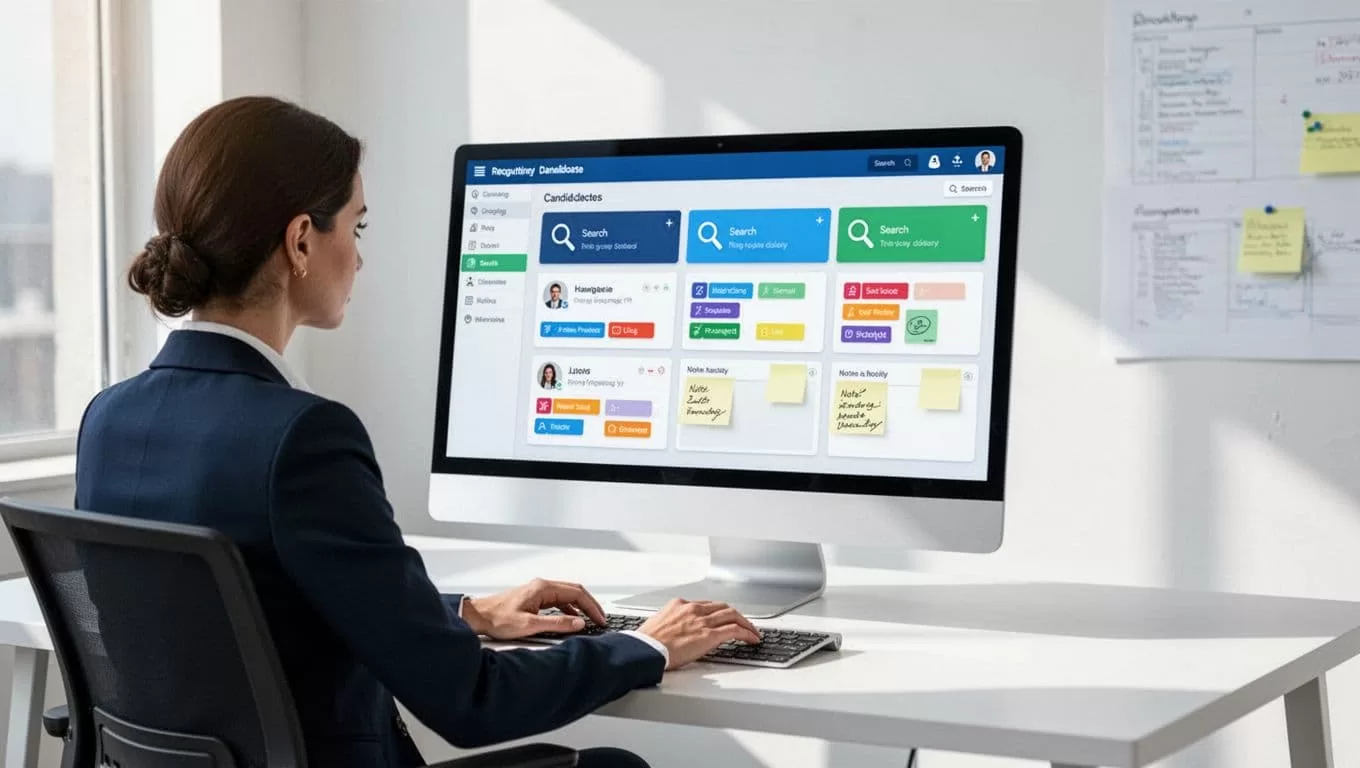 Recruiter at desk focuses on computer screen displaying organized candidate profiles, search bar, tags, and notes in bright office.