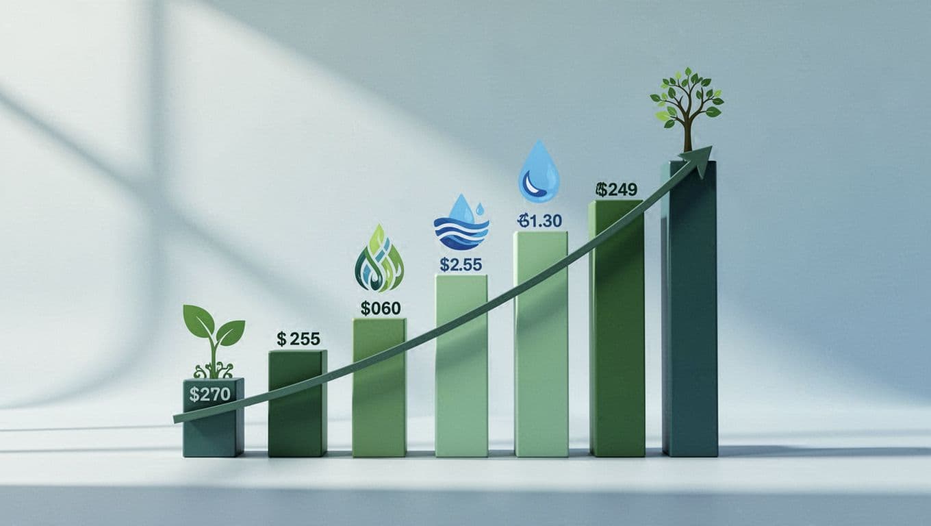 Modern illustration of a sleek upward-trending graph with bars representing fund sizes in green tones and icons for climate tech, water, and deep tech.