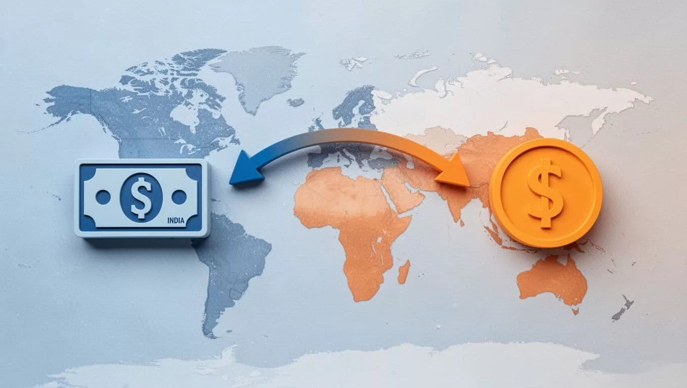 Dollar icon on US phone sends money via arrow across map outline to rupee icon at Indian bank building.