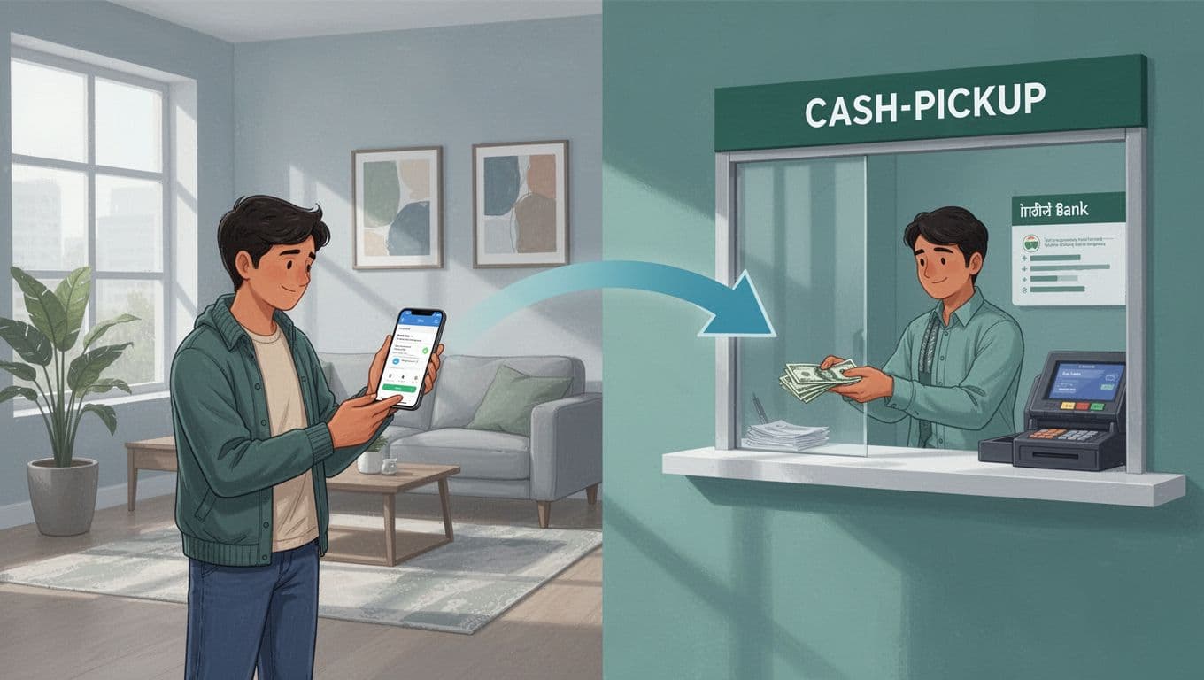 Split-view illustration shows US sender checking app on left and India recipient at cash pickup on right, connected by arrow.