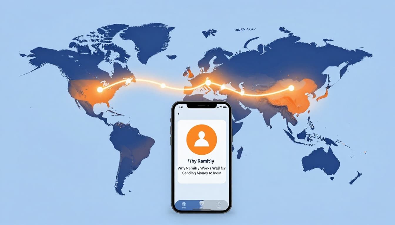 Stylized world map with glowing path from USA to India and smartphone in foreground.
