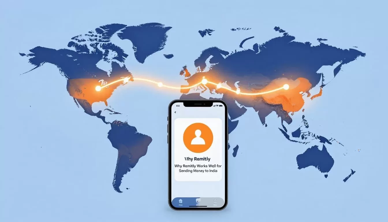 Stylized world map with glowing path from USA to India and smartphone in foreground.
