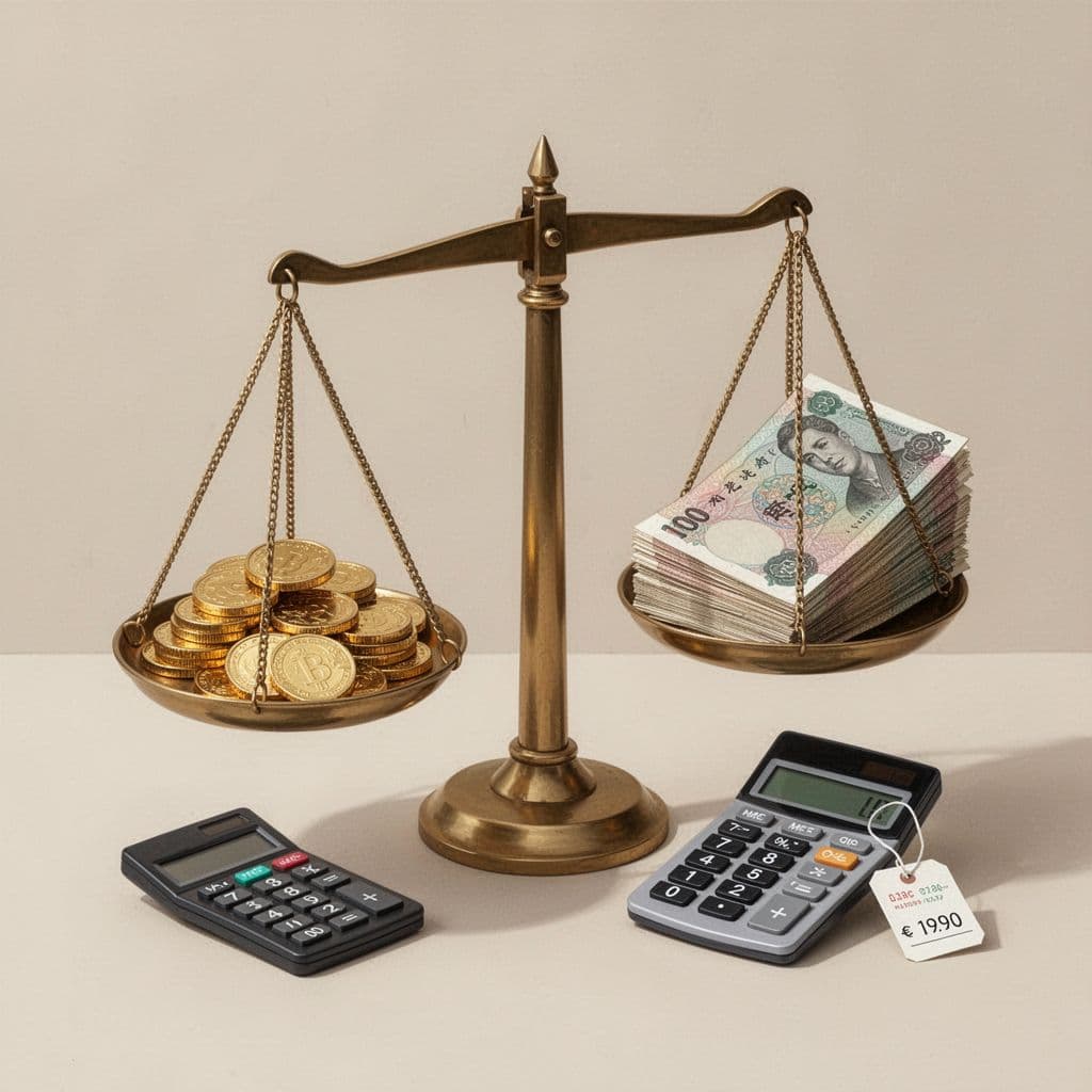 Balance scale with USD coins on one side, INR notes on the other, subtle calculator and fee tag nearby on neutral background.