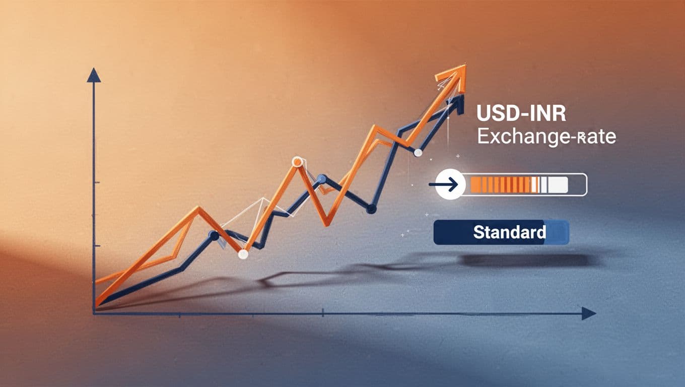 USD-INR fluctuation graph with rising and falling lines plus abstract fast and standard transfer icons in oranges and blues.