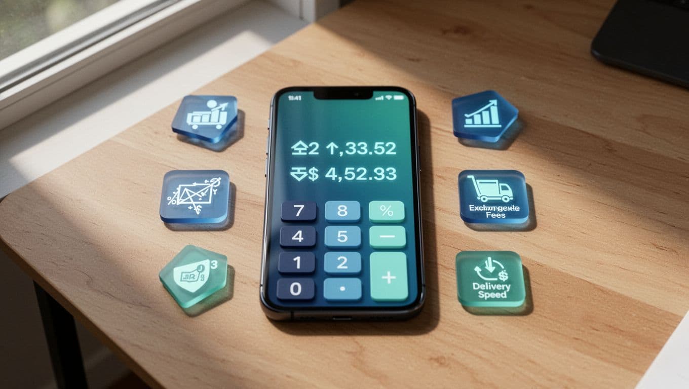 Digital calculator on desk with icons for exchange rate, fees, and delivery speed around it.