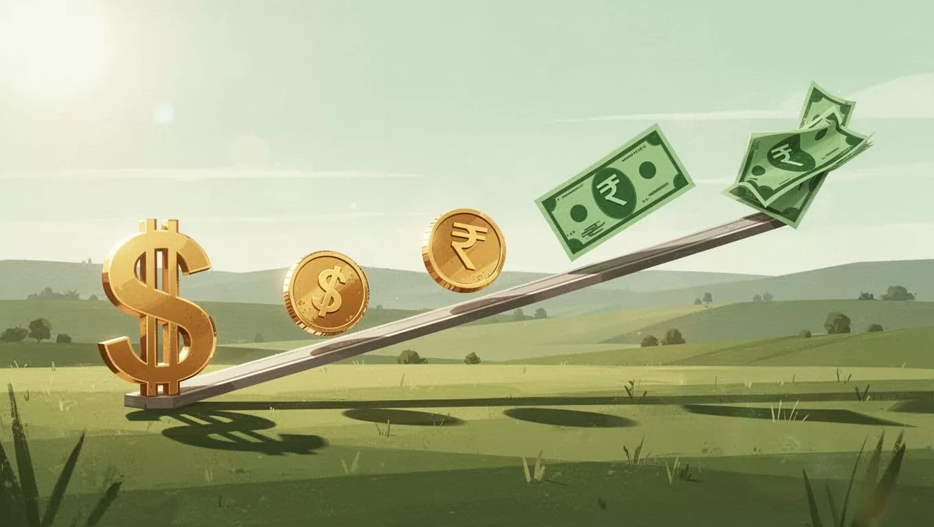 Three coins and two bills flow from US dollar sign to Indian rupee symbols along a clear path in sunny landscape.
