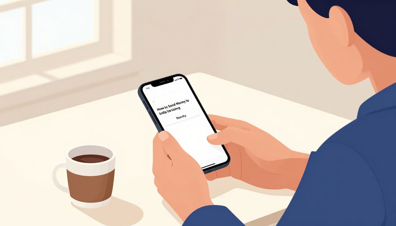 Person at desk holds smartphone with money transfer app screen angled away, coffee mug nearby in natural window light.