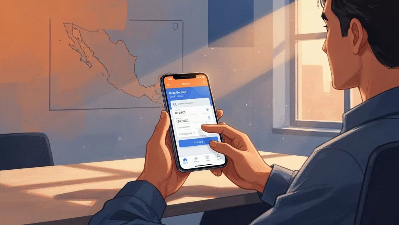 Person at sunny desk holds smartphone with money transfer app open, entering recipient details; subtle Mexico map outline on wall.