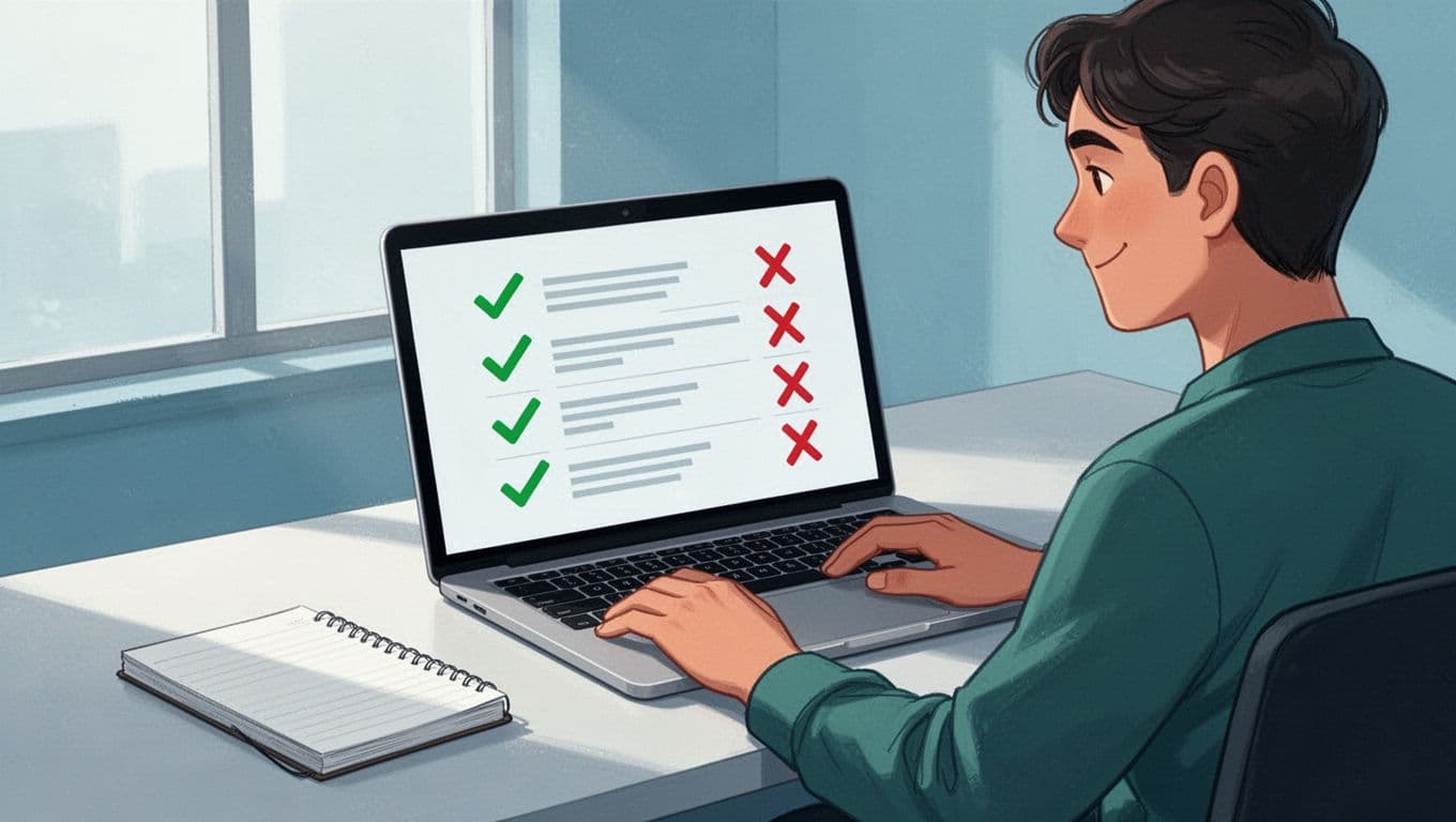 One person satisfiedly reviews a laptop screen showing a simple email verification results table with green checks on valid emails and red on invalid, in a modern desk setting with notebook nearby.