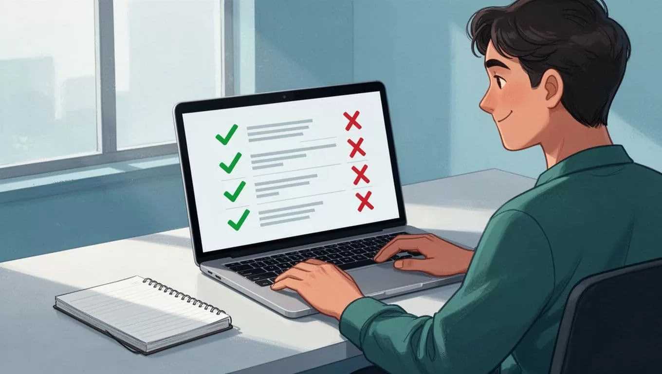 One person satisfiedly reviews a laptop screen showing a simple email verification results table with green checks on valid emails and red on invalid, in a modern desk setting with notebook nearby.