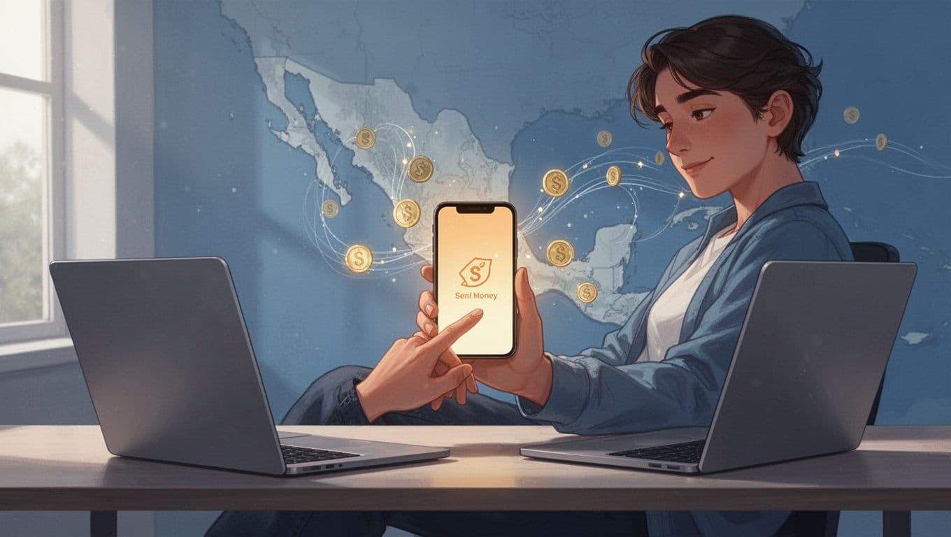 Person at desk holds smartphone with glowing screen, laptop nearby, subtle money flow to Mexico map outline in background.