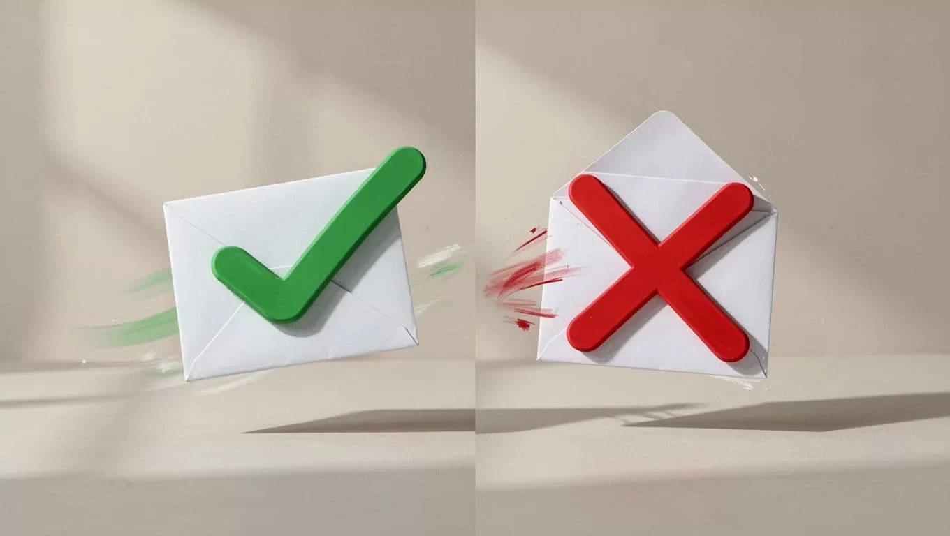 Split composition illustration with clean shapes: left side shows valid email envelope with green check icon, right side malformed email envelope with red X icon, neutral background.