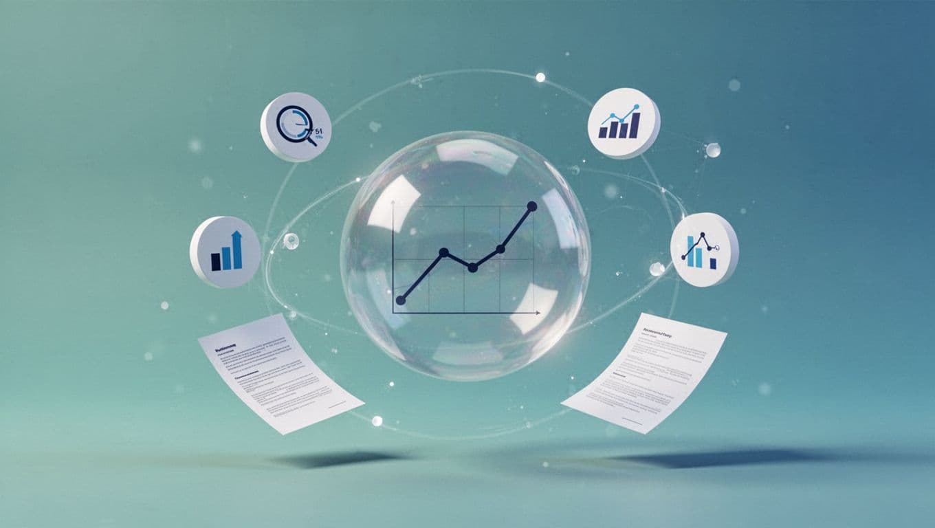 Modern illustration of trend validation with social media metrics icons, Google Trends graph, news articles around a central 'Validate Trend' bubble featuring 'mushroom coffee' example, in cool blue-green palette.