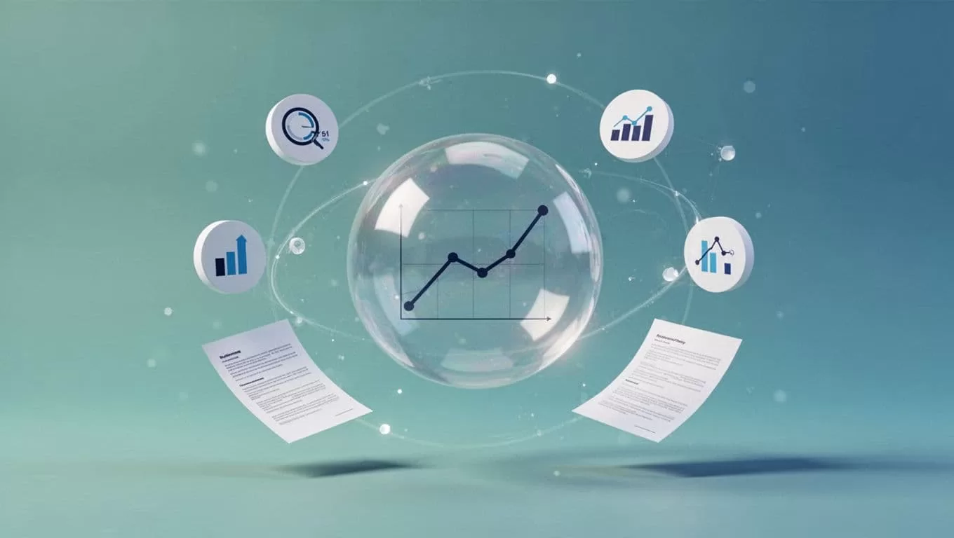 Modern illustration of trend validation with social media metrics icons, Google Trends graph, news articles around a central 'Validate Trend' bubble featuring 'mushroom coffee' example, in cool blue-green palette.