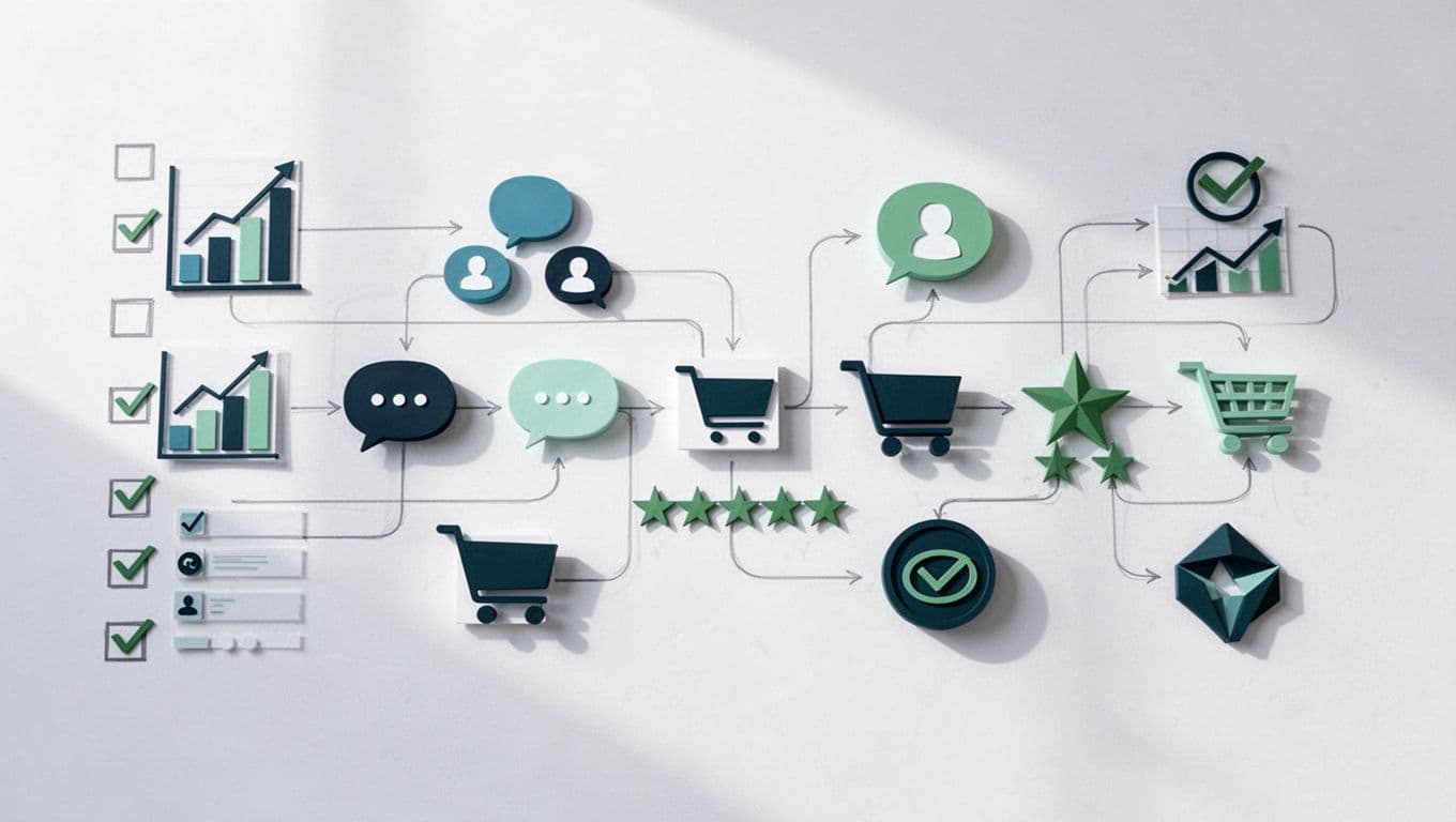 Modern illustration in clean shapes and green-blue palette showing icons of search graphs, social media bubbles, shopping carts, review stars, and competitor logos in a validation checklist flowchart on a whiteboard.