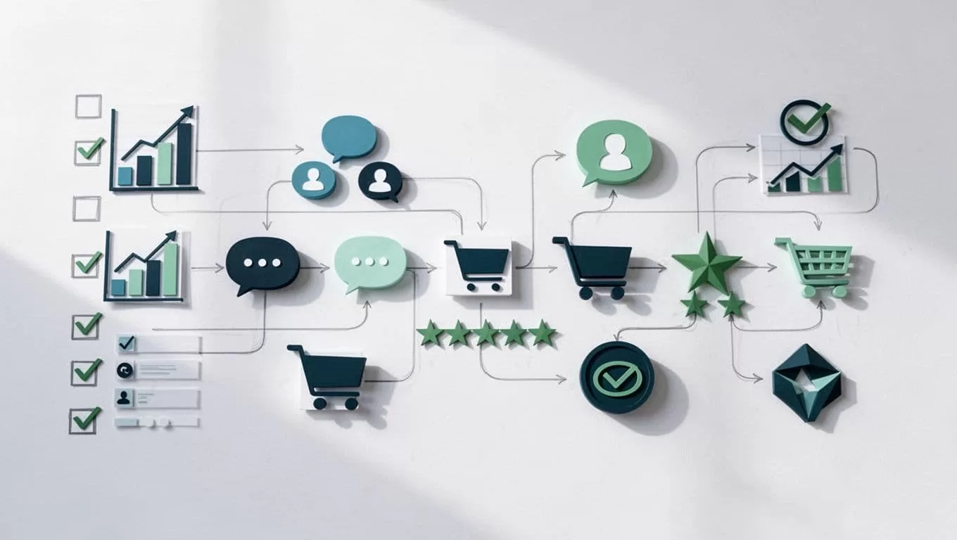 Modern illustration in clean shapes and green-blue palette showing icons of search graphs, social media bubbles, shopping carts, review stars, and competitor logos in a validation checklist flowchart on a whiteboard.