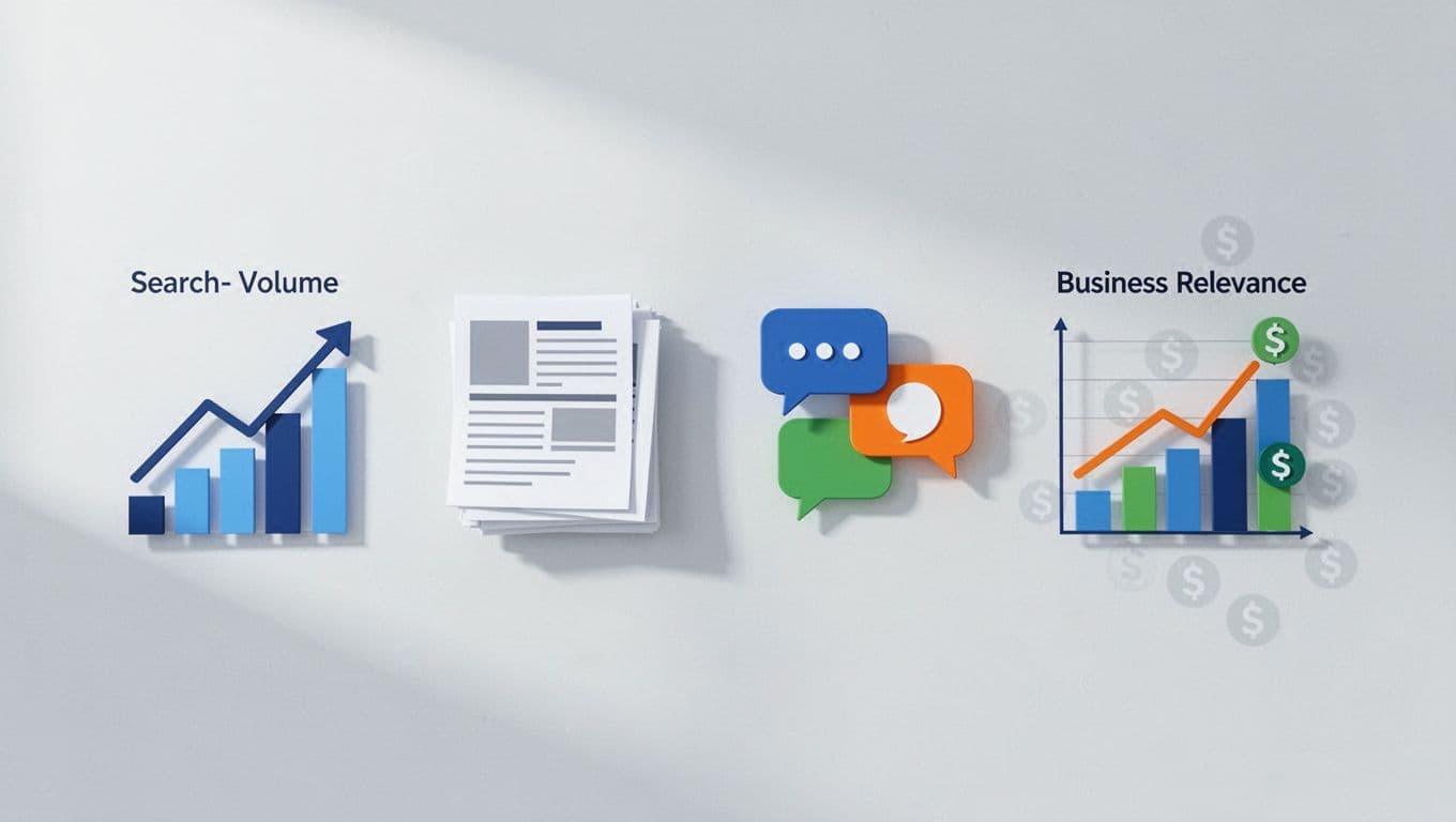Clean icons in a connected workflow illustrating multi-source validation for financial trends: rising search volume graph, news articles stack, social media speech bubbles, and business relevance chart with dollar signs, arranged left to right on a light background.