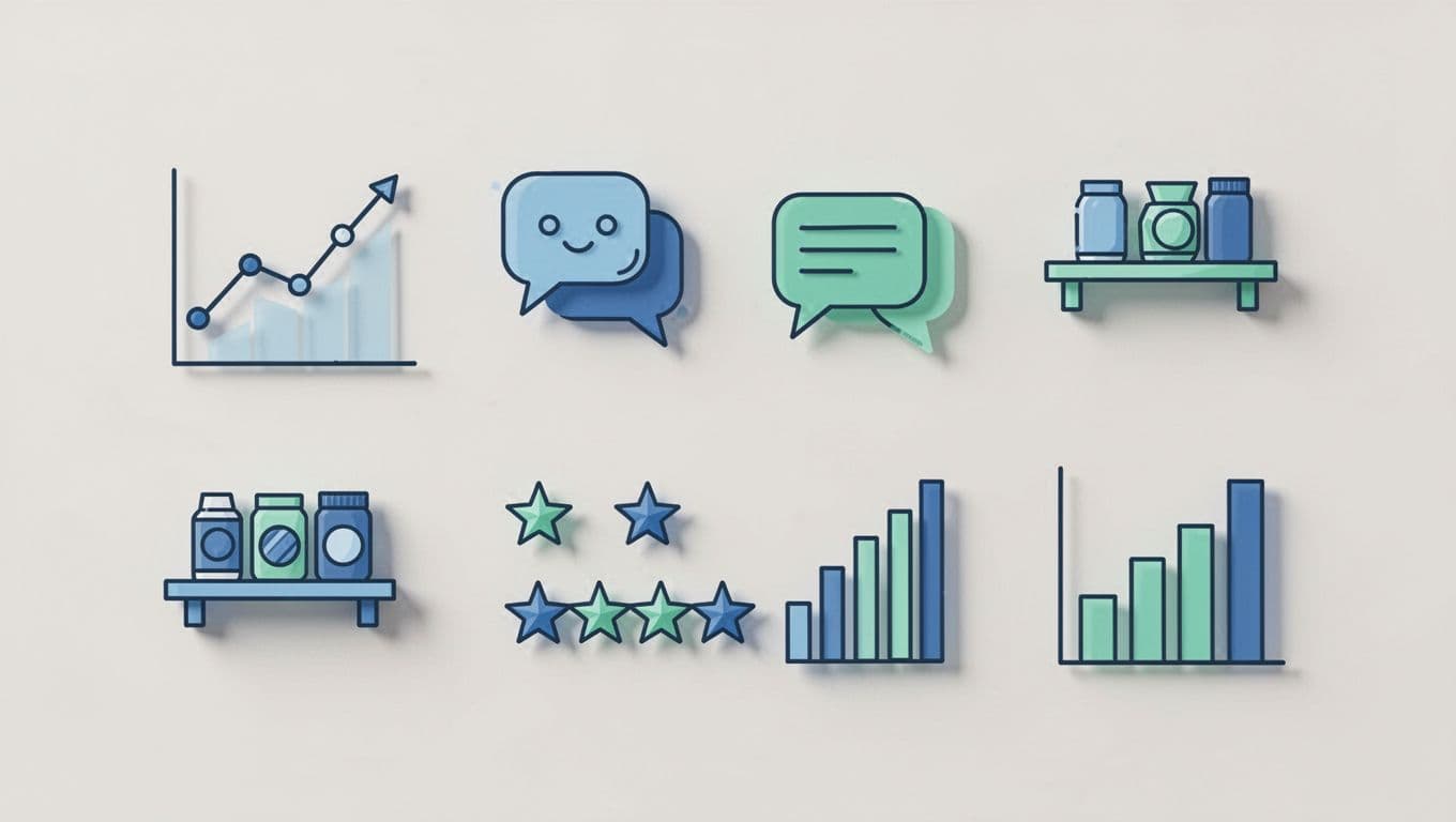 Modern illustration showing simple icons for trend validation: upward search volume graph, social media chat bubbles, online marketplace shelf, star reviews, and competitor analysis bars, arranged in a balanced grid on neutral background.