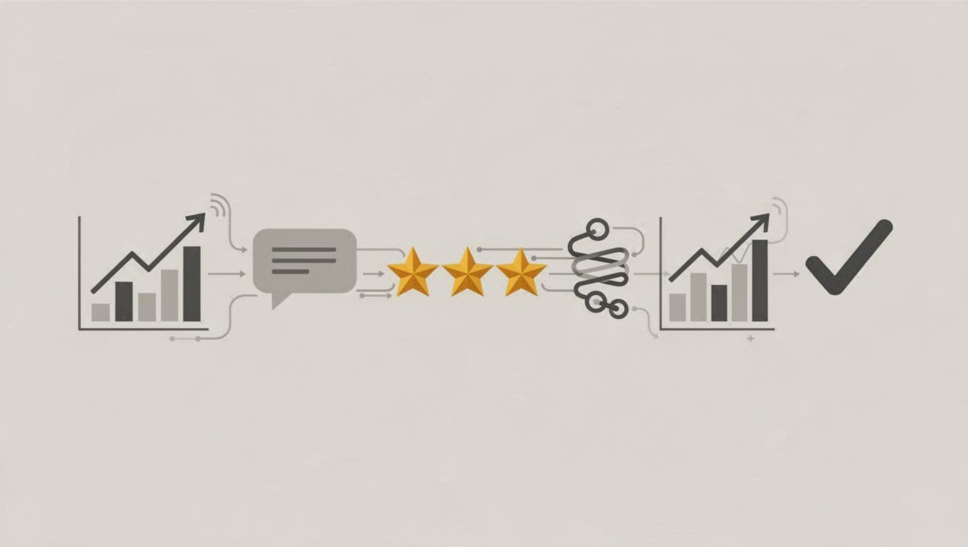 Modern abstract illustration of a flowchart depicting the trend validation process, featuring icons for search graphs, social media speech bubbles, review stars, forum threads, and market charts sequentially connecting to a confirmed demand checkmark on a neutral background.