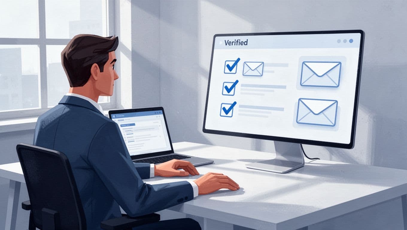 Modern illustration depicting the email verification process on a clean dashboard with checkmarks, a laptop on a table, abstract verified email icons, relaxed hands, and an office environment with natural light and exactly one person.