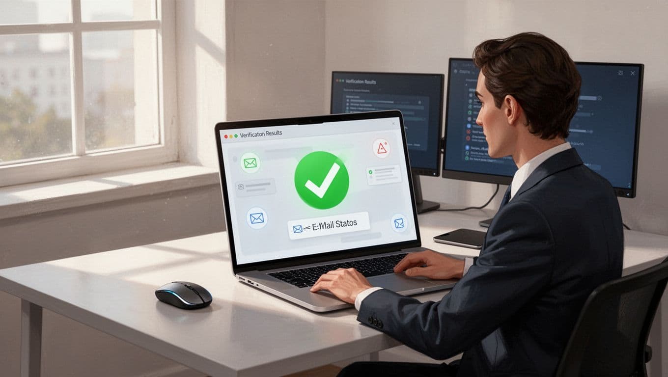 Modern illustration of a person at a simple desk reviewing Hunter.io email verification results for a CTO email on a laptop screen, featuring a prominent green checkmark indicating safe status, soft daylight lighting.