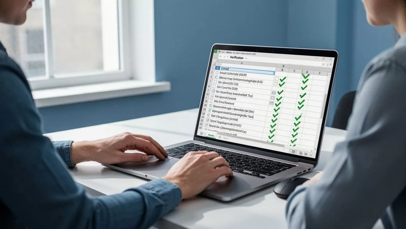 Modern illustration of a person at a desk reviewing an email list on Google Sheets, checking the verification status column with green checks, in a clean blues and whites palette with soft window light.