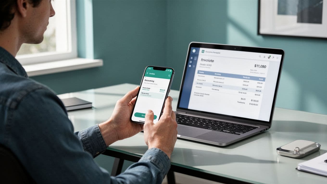 A person at a modern desk relaxes while checking the Wise app on their phone for receiving account details, with a laptop displaying an invoice nearby in a secure home office illuminated by natural daylight. Modern illustration style features clean shapes, blue and green palette, and centered composition focusing on the verification step.