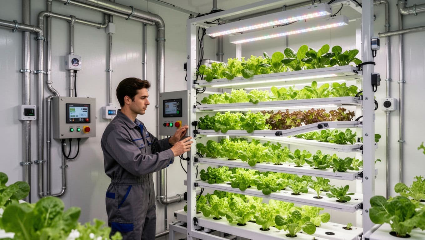Illustration of a vertical hydroponic system featuring stacked trays of vibrant green leafy vegetables under LED grow lights in a clean indoor facility, with sensors, pipes, and one technician adjusting a control panel.