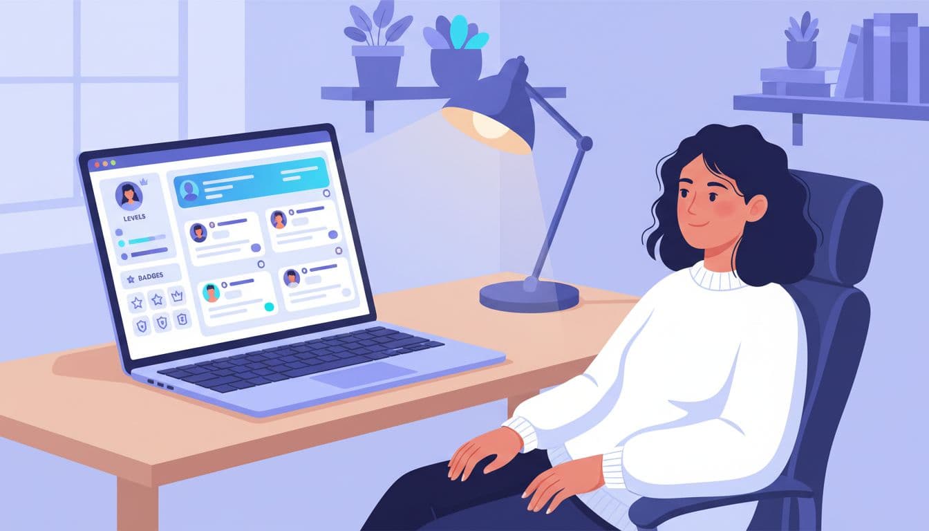 Illustration of a vibrant online community feed with posts, levels, badges, and interactions on a laptop screen, moderated by a creator in a cozy home office using modern clean style with blues and whites.
