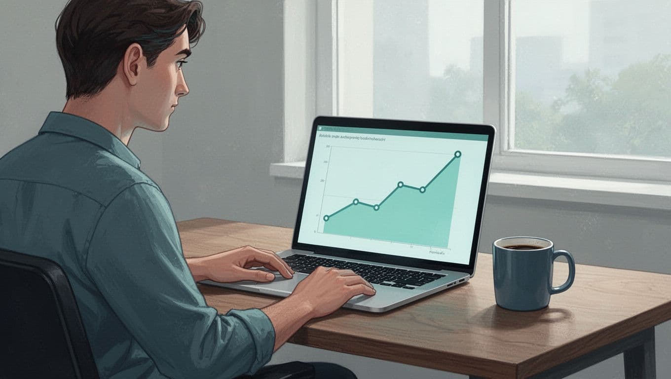 Modern illustration in a clean blue-green palette depicting a person from side angle viewing a rising line graph of website traffic trends on a laptop screen in a neutral home office, with a coffee mug on the wooden desk and soft window lighting.