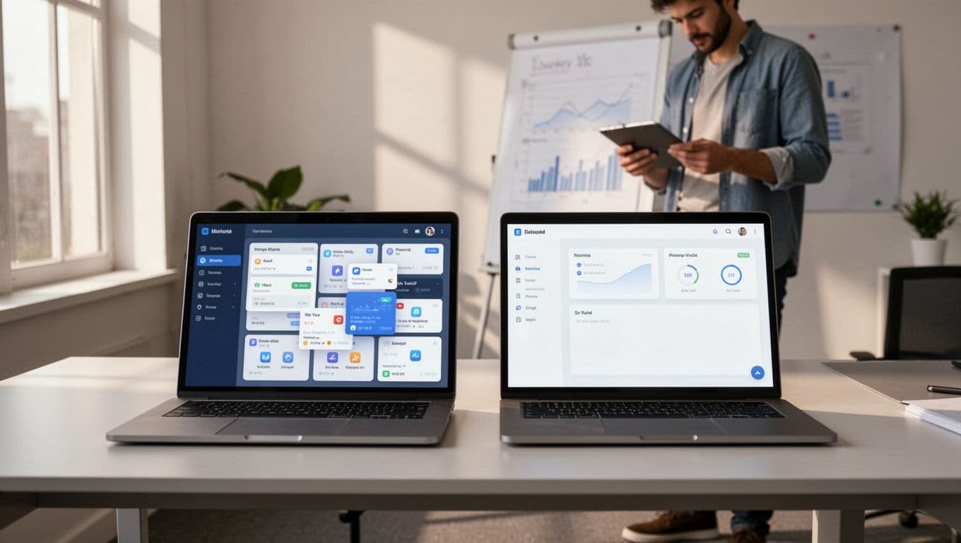 Two laptops on office desk show cluttered left dashboard with dense menus and simple right interface, one person in background.