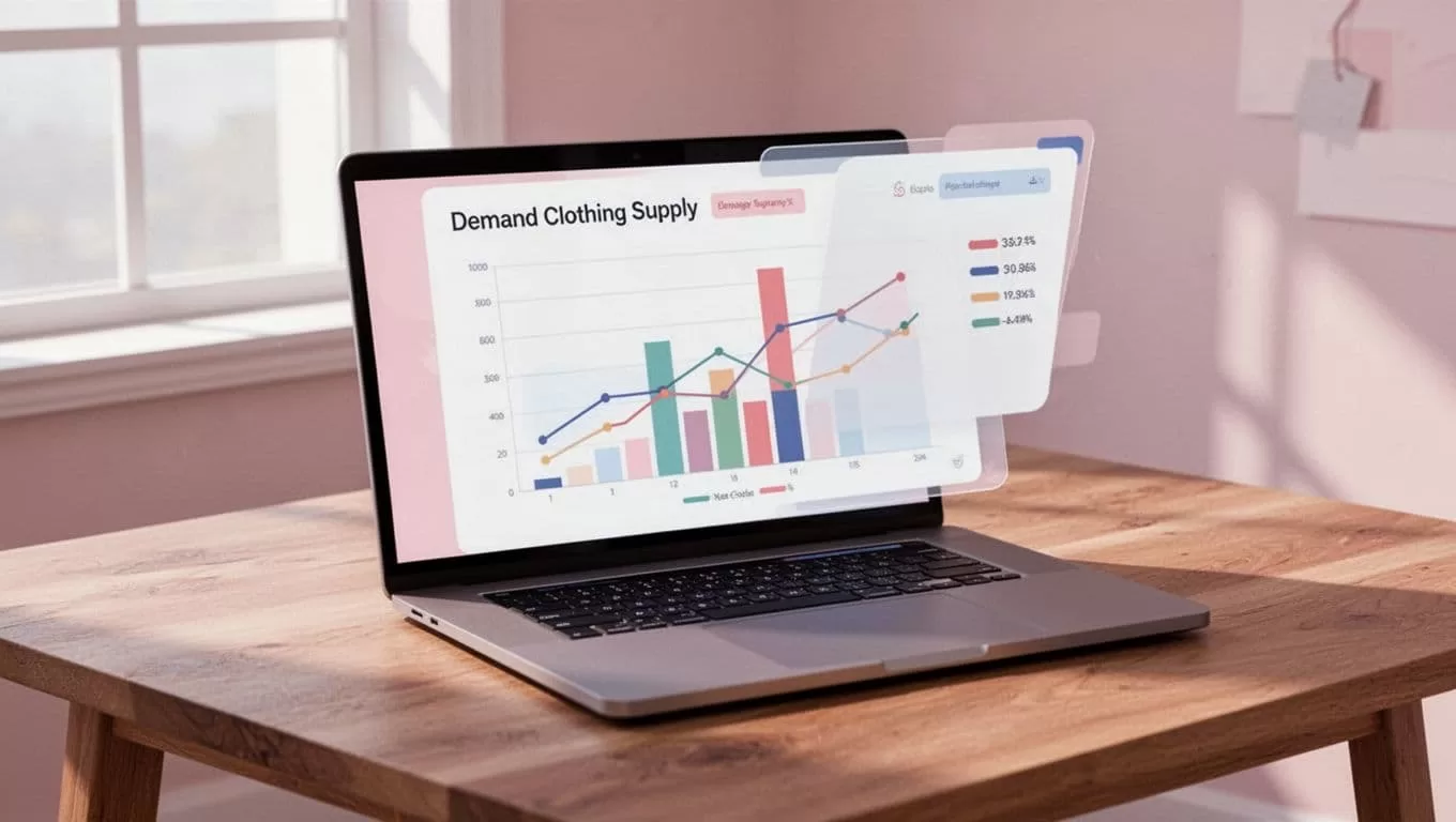 Modern illustration of charts on a laptop dashboard comparing search volume, demand, and supply for the vintage clothing secondhand market, viewed at an angle on a table with soft window light.