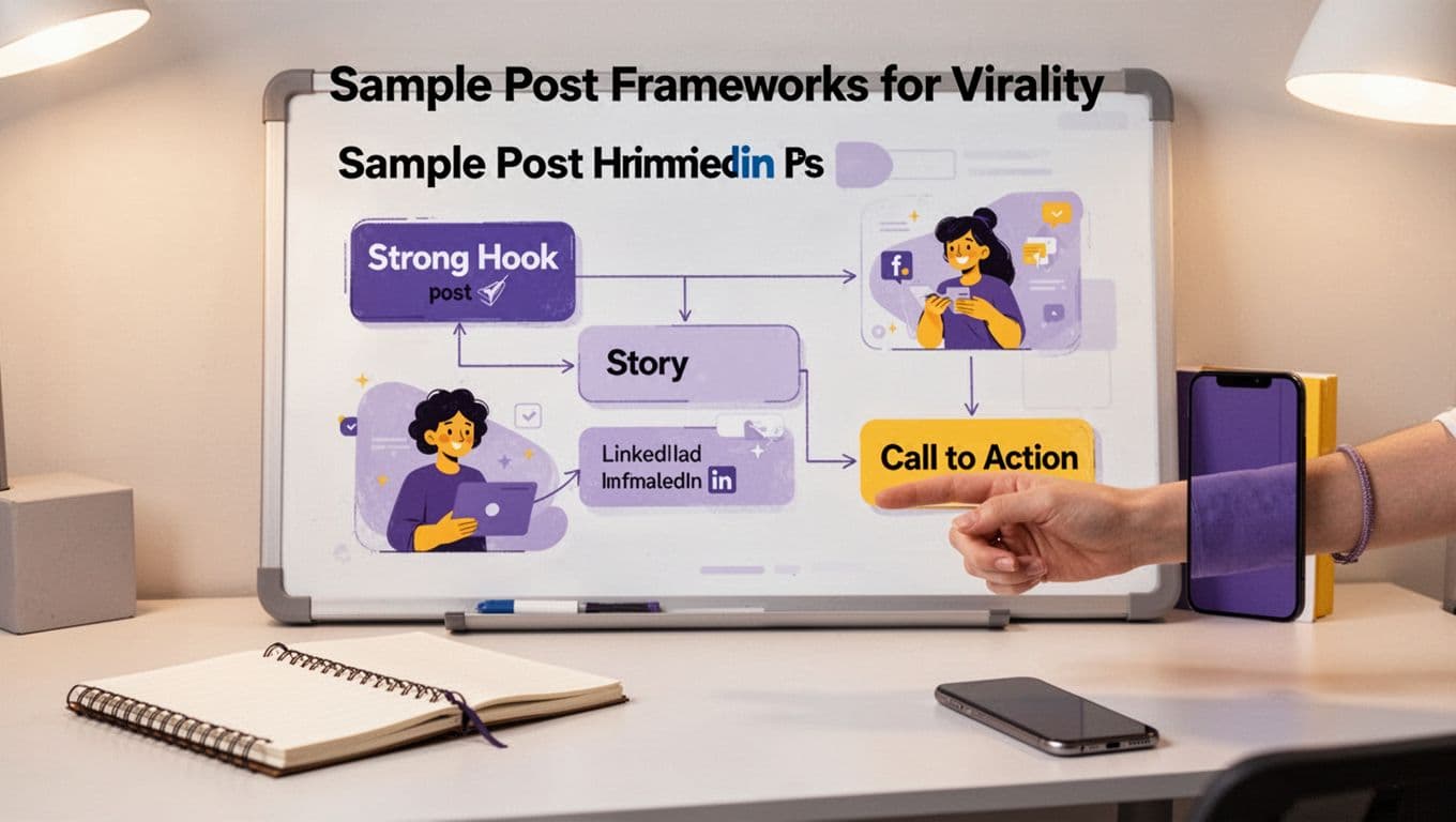 Modern illustration of viral LinkedIn post elements including strong hook, story, and call to action, arranged in a flowchart on a digital board in a minimalist office environment with notebook, phone, and a pointing hand.