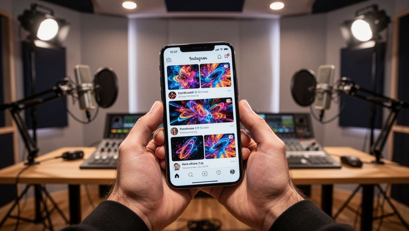 Modern illustration of social media feeds on phone screens displaying short podcast clip thumbnails going viral with likes and shares, background of podcast studio, clean shapes controlled colors strong composition, exactly one phone held by two relaxed hands, screens at angle slightly blurred, no text logos or watermarks.