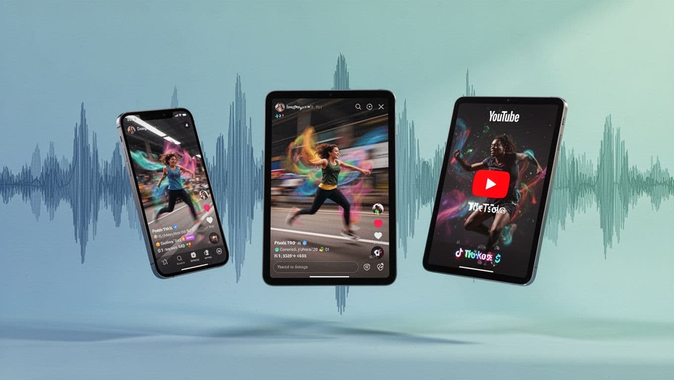 Modern illustration featuring a montage of three short social media clips—TikTok-style, Instagram Reel, and YouTube Short—displayed on floating phone and tablet screens against a subtle podcast waveform background. Clean shapes and controlled blues-greens palette with strong composition, no people or text except blurred captions.