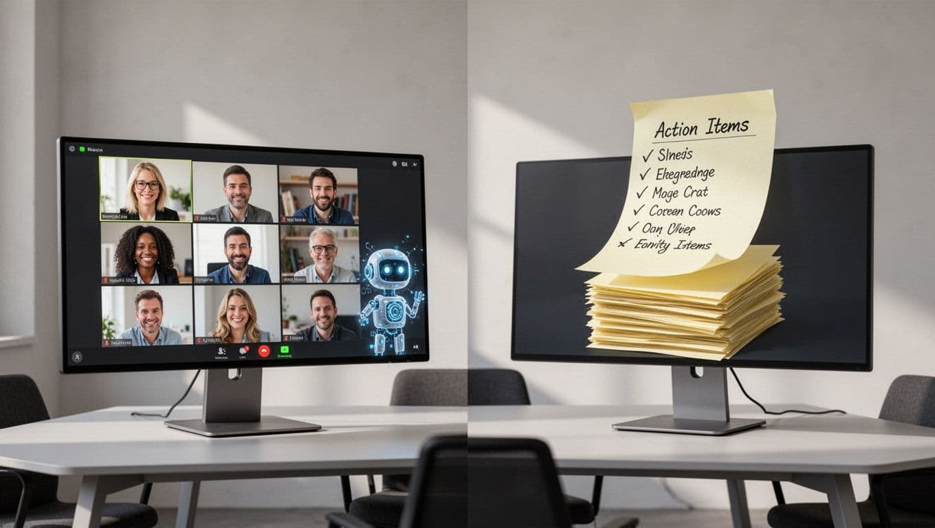 Modern split-scene illustration: left side shows virtual team meeting screens with Otter AI bot in Zoom call; right side displays emerging action items list from notes, in clean shapes with soft lighting and conference room vibe.